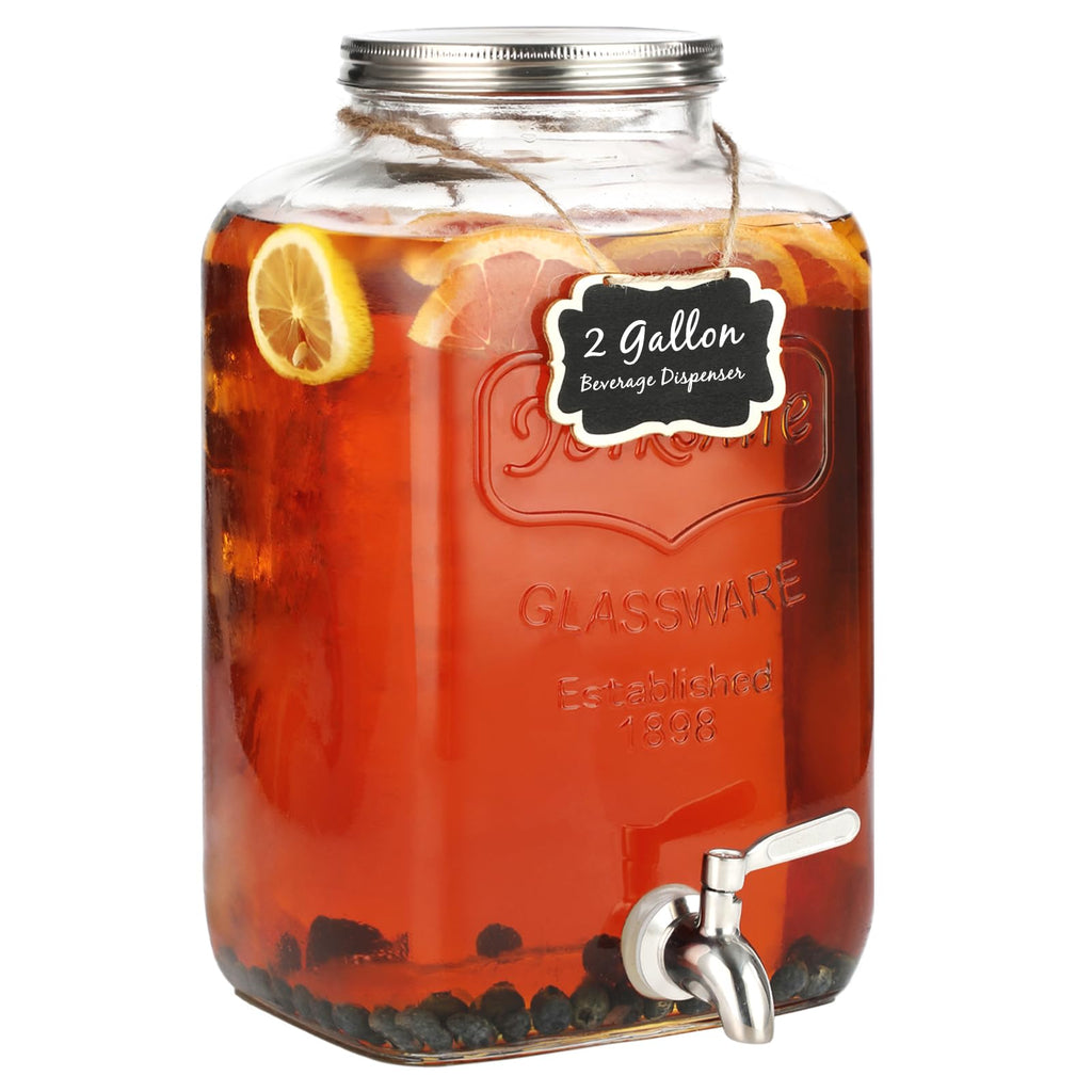 2 Gallon Glass Drink Dispenser with Stainless Steel Spigot and Lid S78390