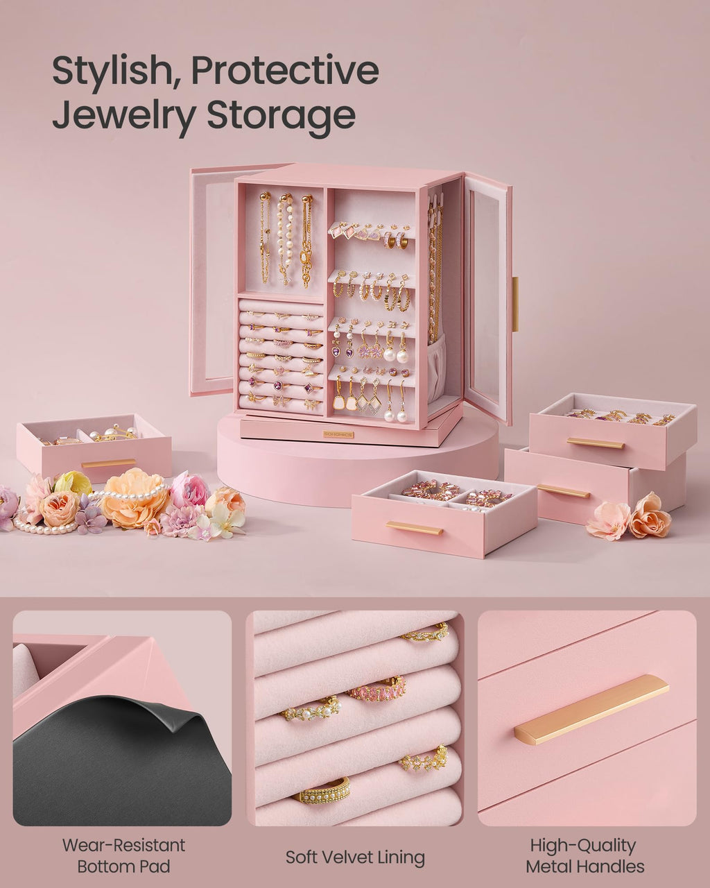 Jelly Pink 5 Drawers Rotating Jewelry Box Organizer Z8793