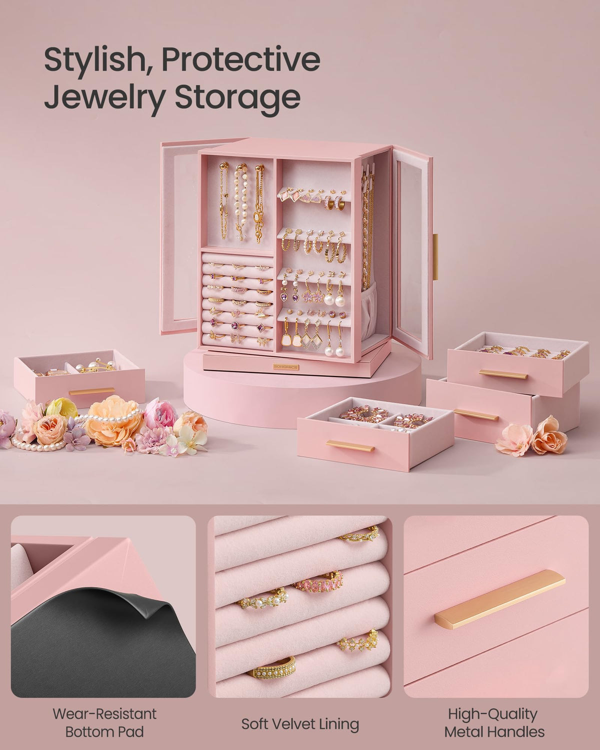 Jelly Pink 5 Drawers Rotating Jewelry Box Organizer Z8793