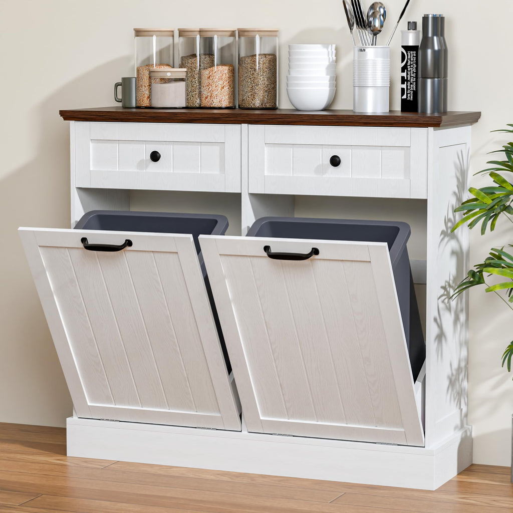 20 Gallons Tilt Out Trash Cabinet with Drawer, White I153214