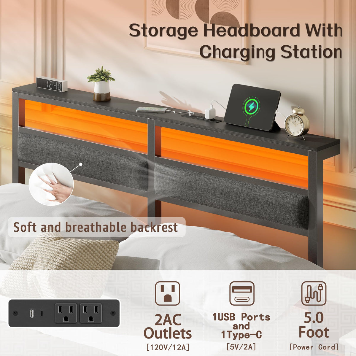 Full Size Black Platform Bed with LED Lights & Charging Z279