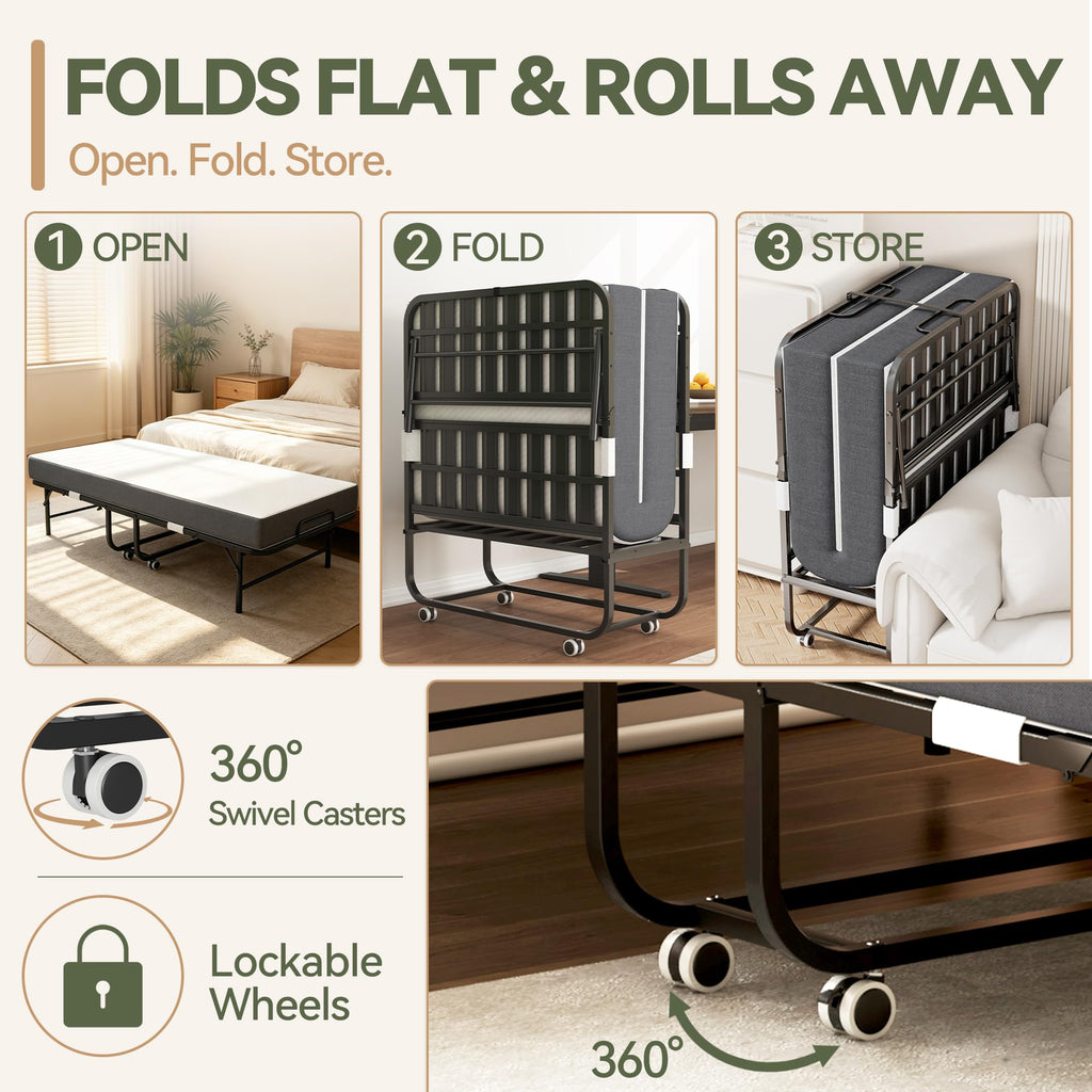 75" L x 38" W Folding Bed with Steel Frame and Memory Foam Mattress C407