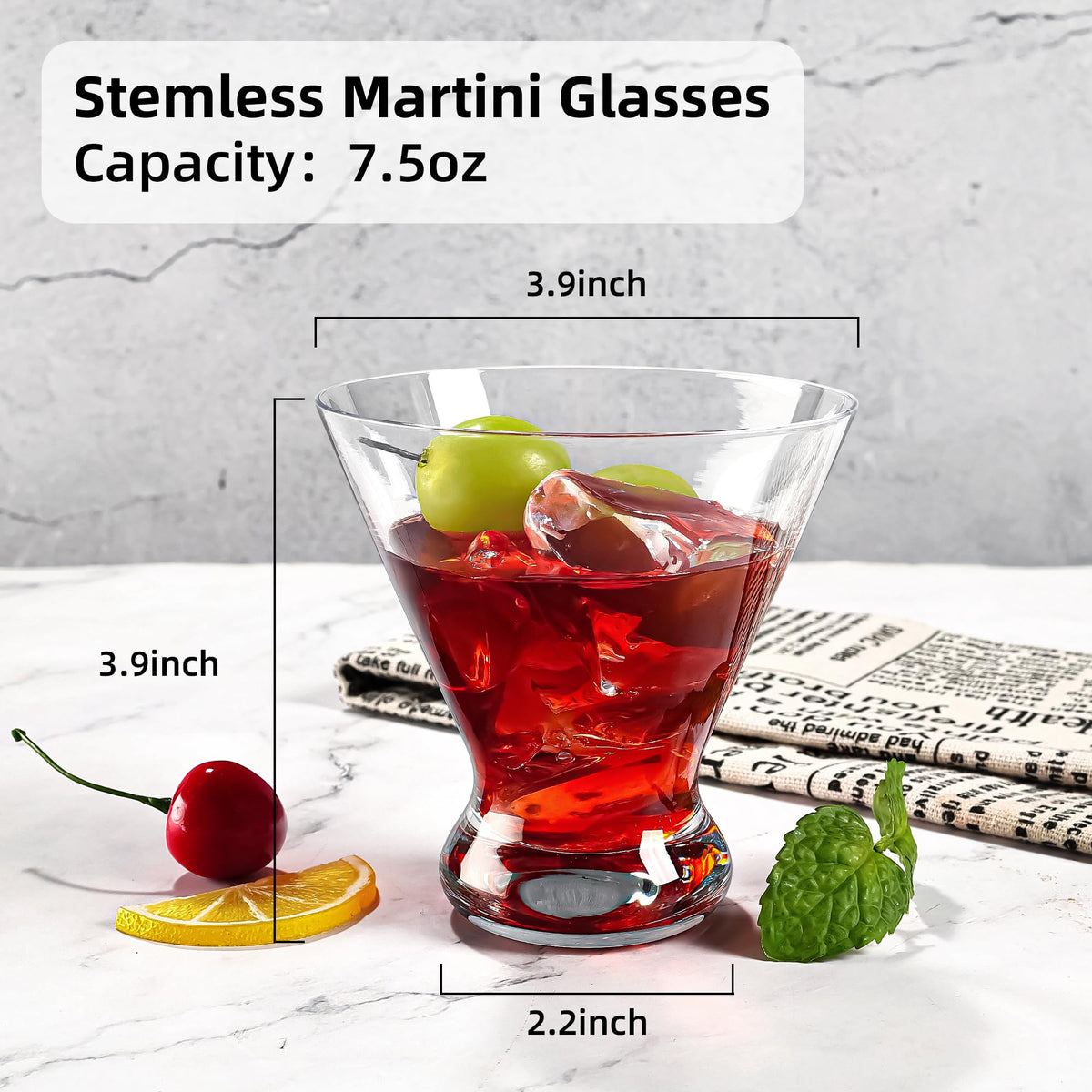 Stemless Martini Glasses Set of 12, 7.5 oz Z87057