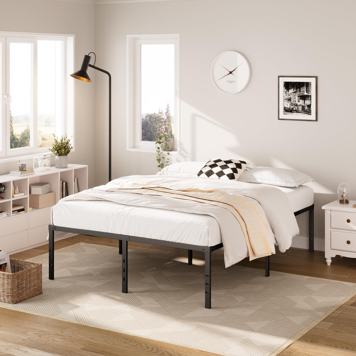Queen Size Platform Bed Frame Steel Slat Support Black G3474