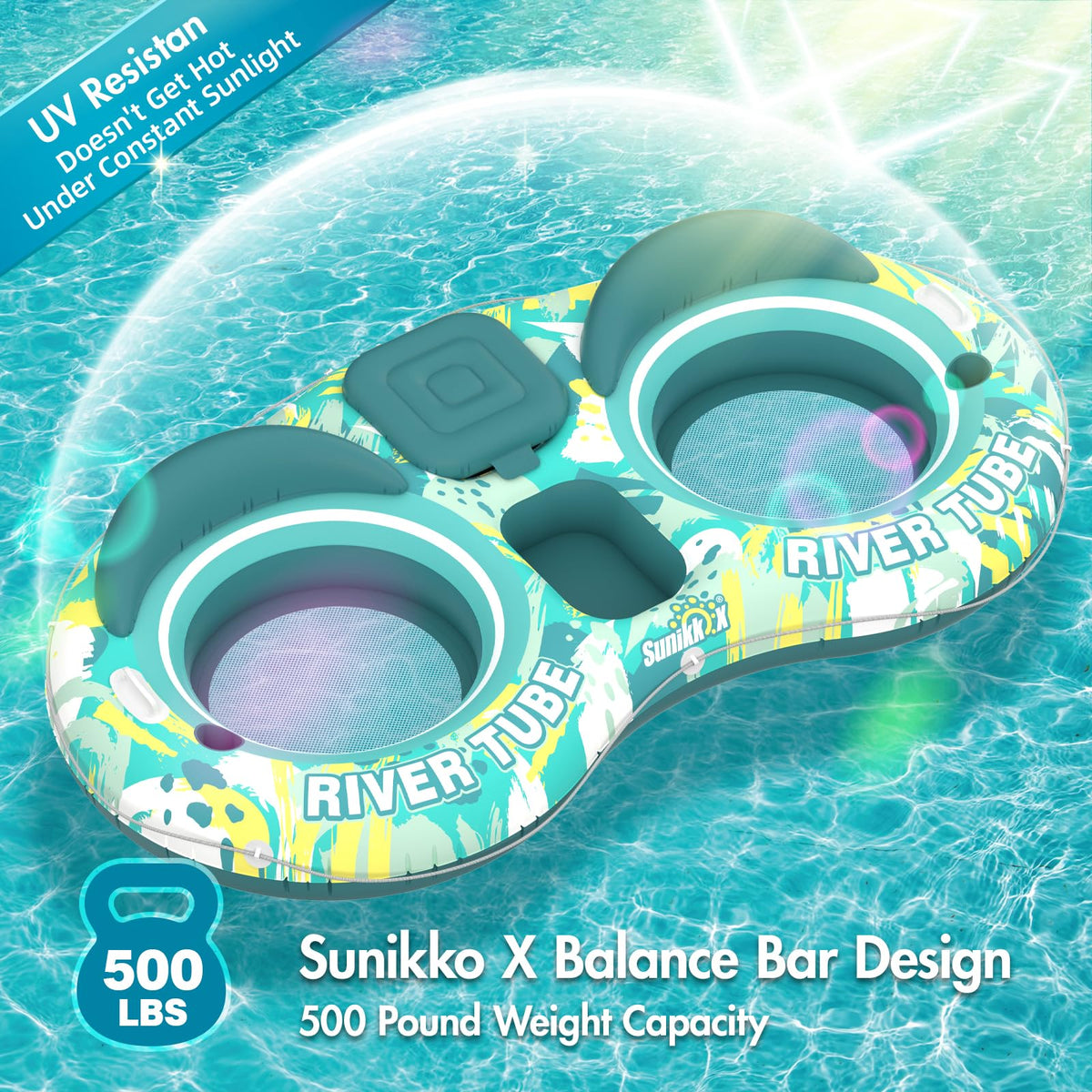 5-in-1 Pool Floats 2 Person River Tube with Backrests Built-in Cooler I917452