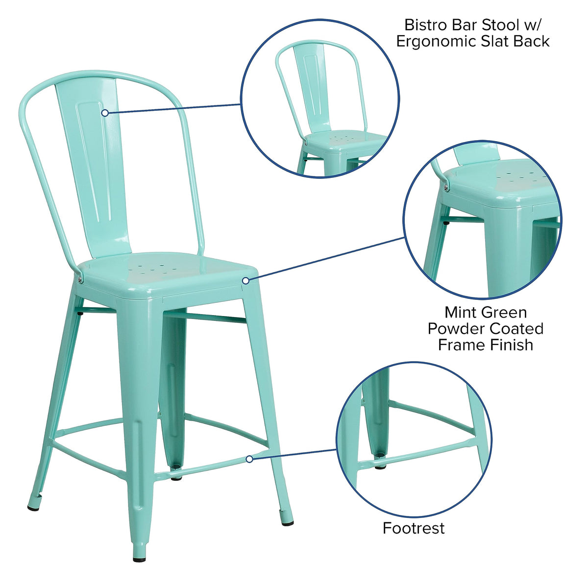 Mint Green Metal Counter Height Stool with Back F8661