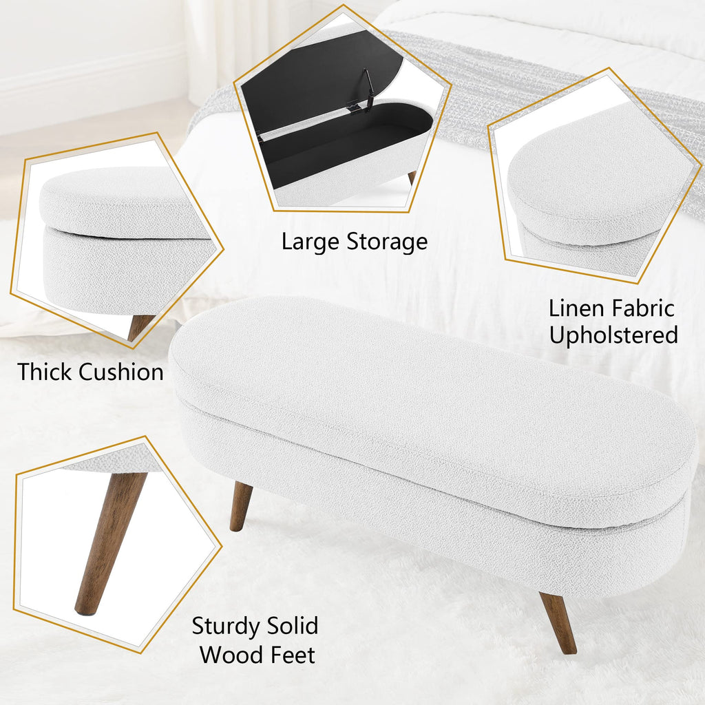 White Linen Fabric Upholstered Storage Bench with Solid Wood Legs N7251