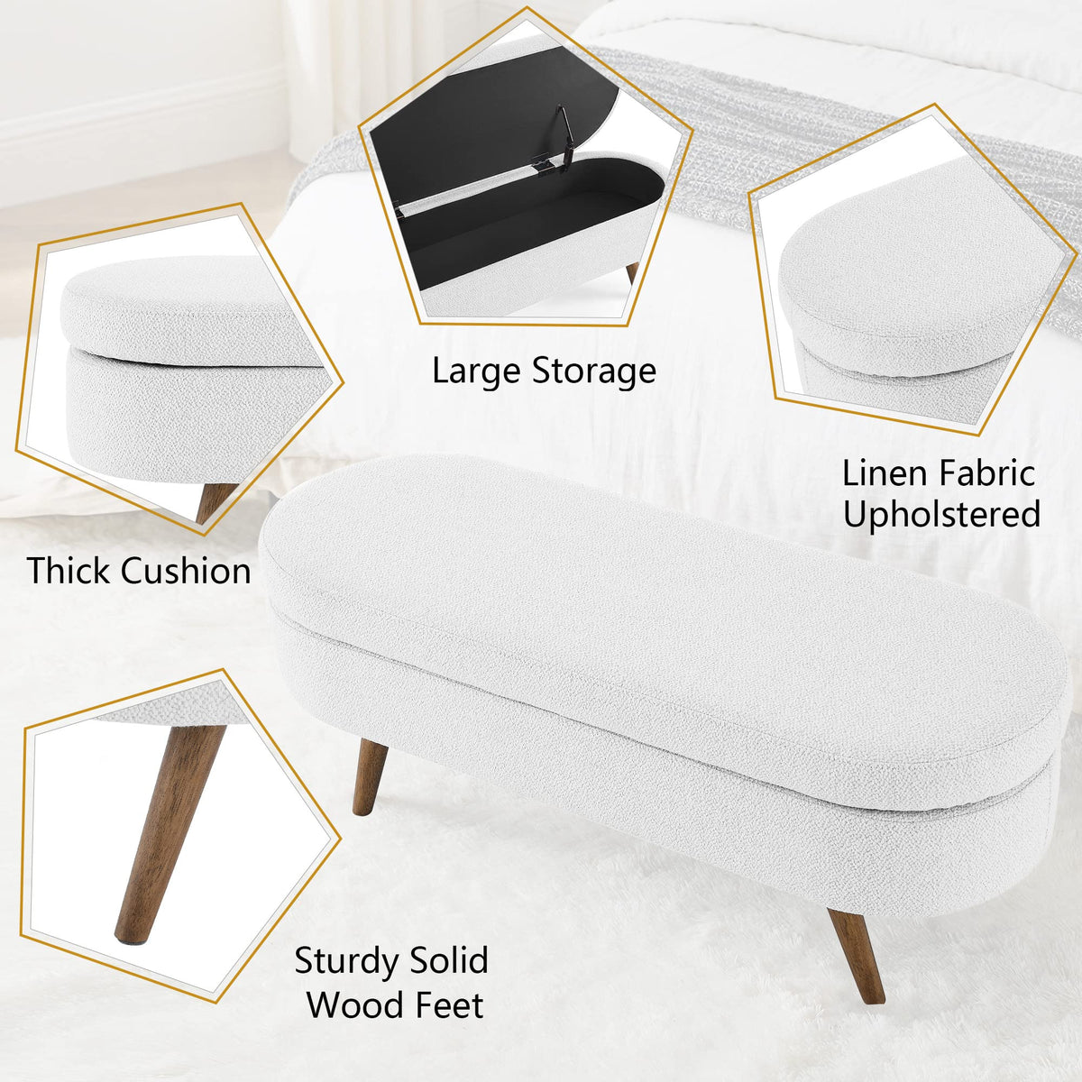 White Linen Fabric Upholstered Storage Bench with Solid Wood Legs N7251