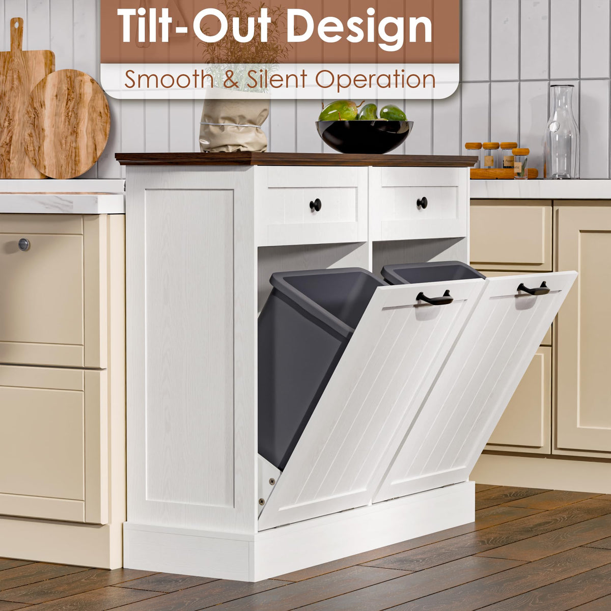 20 Gallons Tilt Out Trash Cabinet with Drawer, White I153214