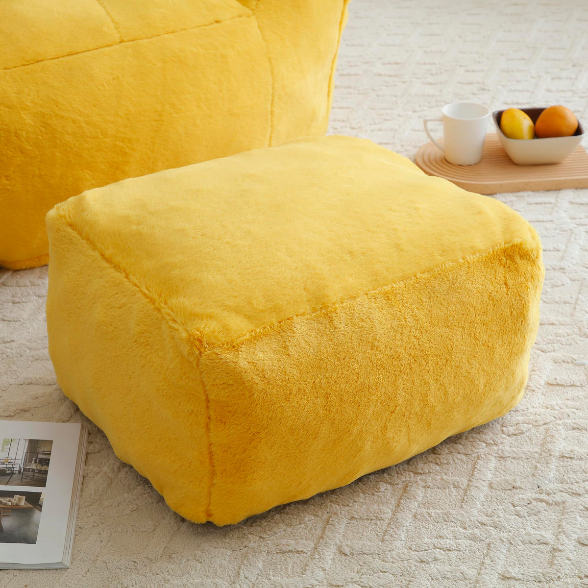 Yellow Faux Fur Memory Foam Bean Bag Chair with Footstool V524289