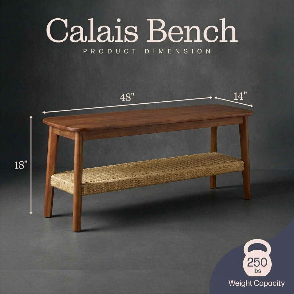 Solid Wood Entryway Bench with Woven Storage Shelf, Chestnut, 48” C35851
