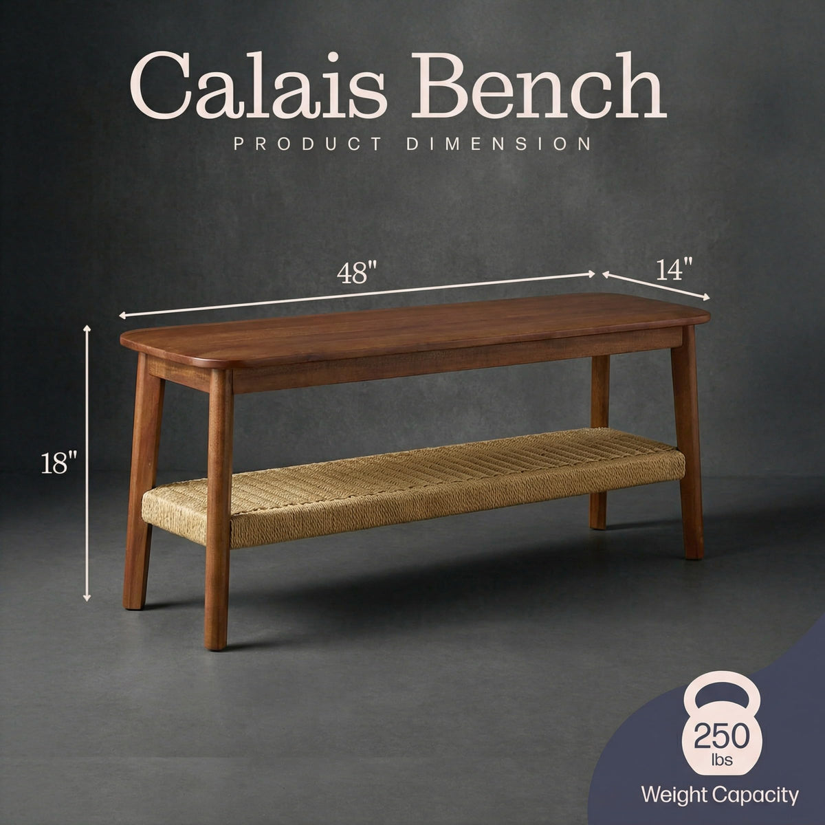 Solid Wood Entryway Bench with Woven Storage Shelf, Chestnut, 48” C35851