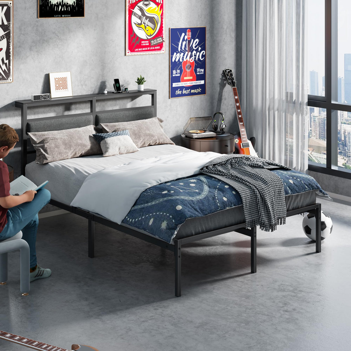 Full Size Black Platform Bed with LED Lights & Charging Z279
