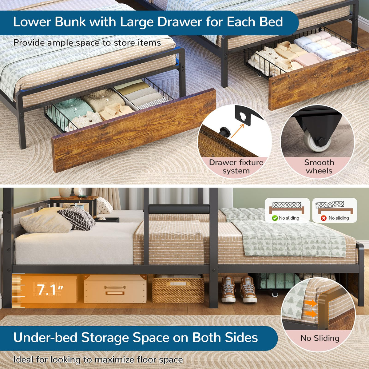 Black Twin Over Twin Triple Bunk Bed with Storage Drawers K1584