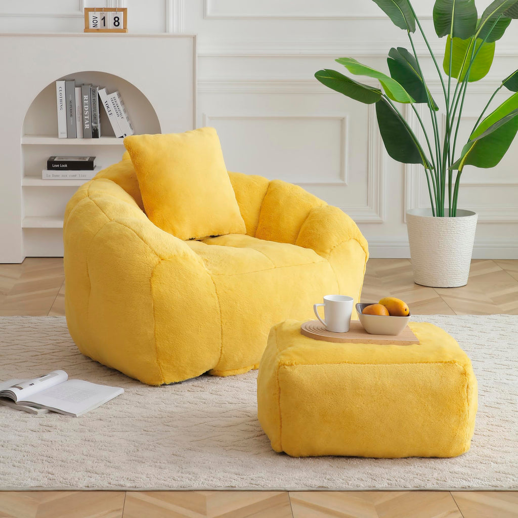 Yellow Faux Fur Memory Foam Bean Bag Chair with Footstool V524289