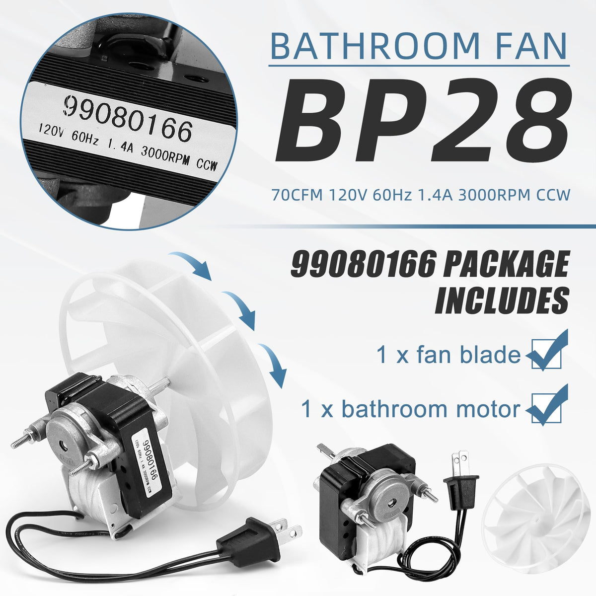 Bathroom Vent Bath Fan Motor Kit Replacement 70cfm 1.4 Amp 120V U42074