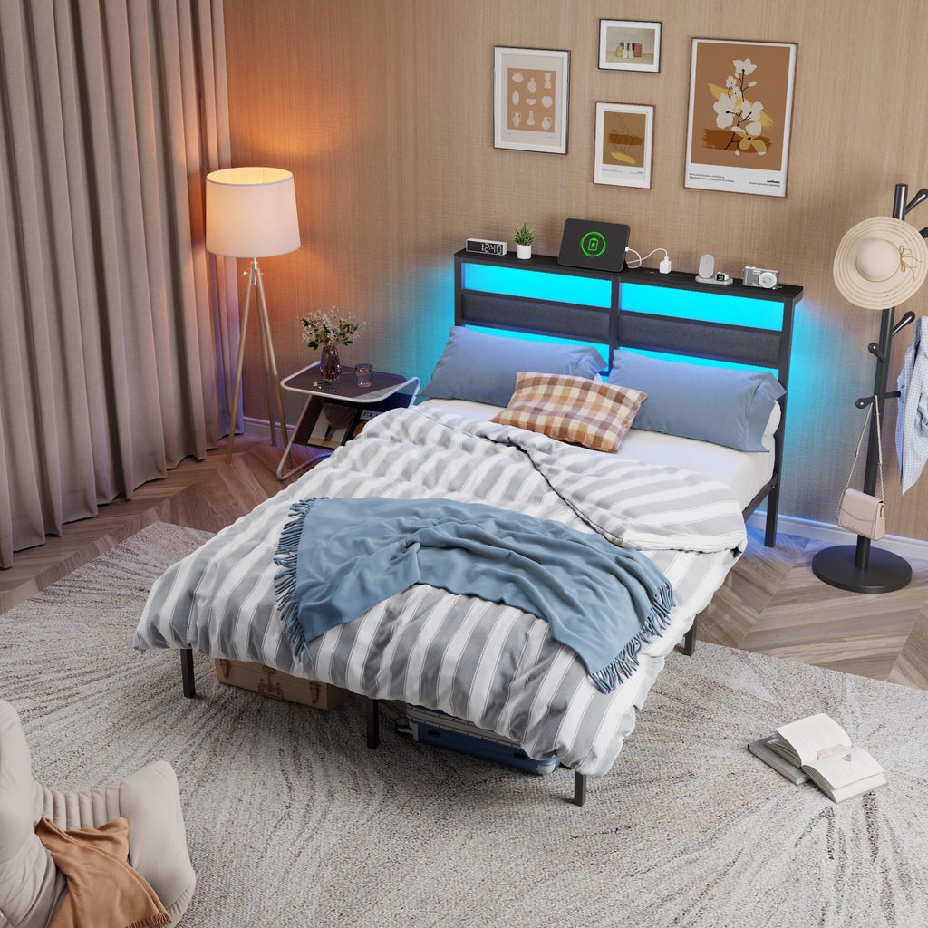 Full Size Black Platform Bed with LED Lights & Charging Z279