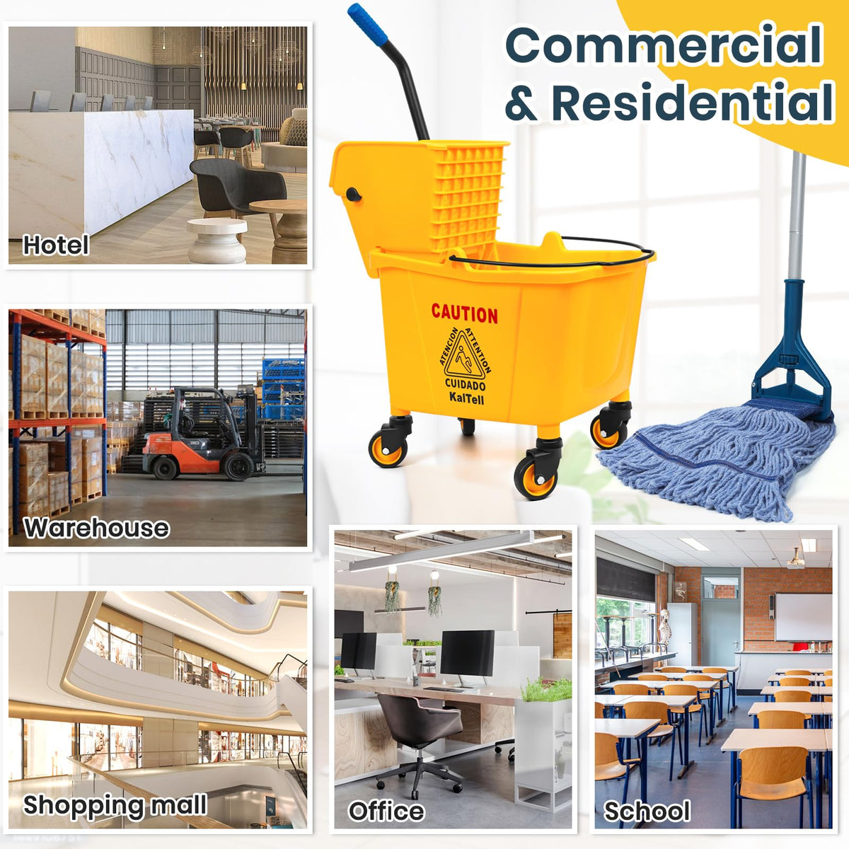 35 Quart Commercial Mop Bucket with Side Press Wringer on Wheels V60806