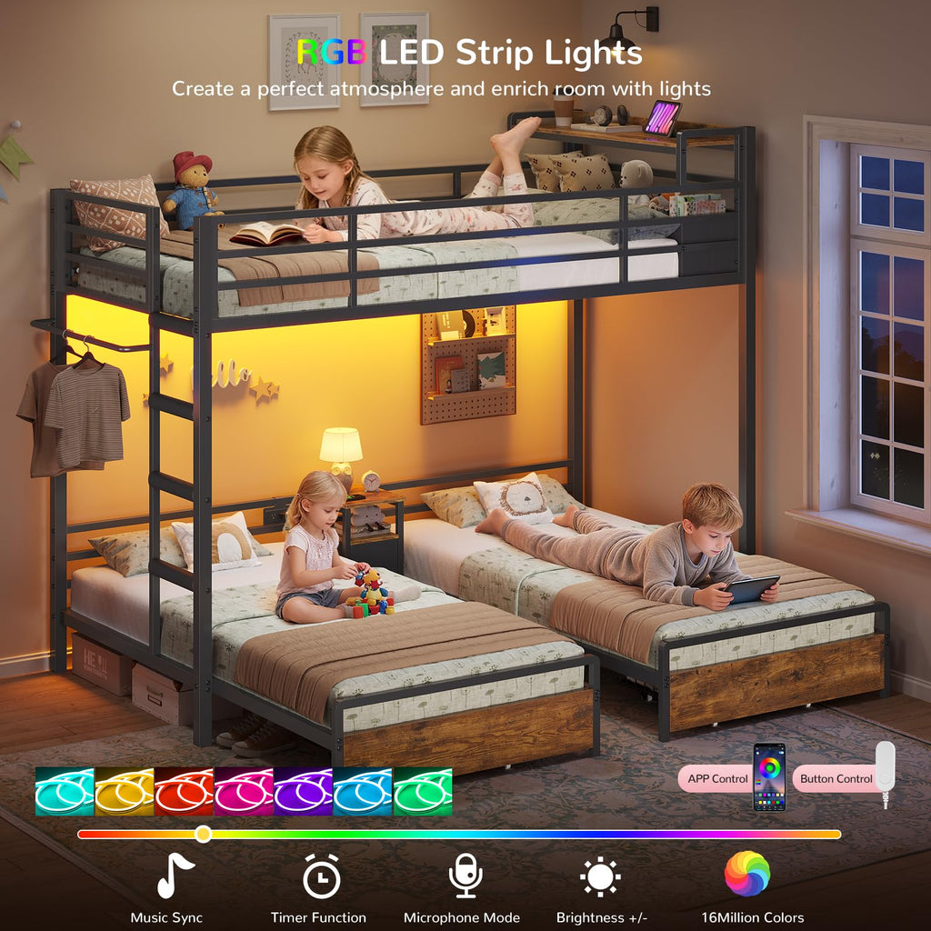 Black Twin Over Twin Triple Bunk Bed with Storage Drawers K1584