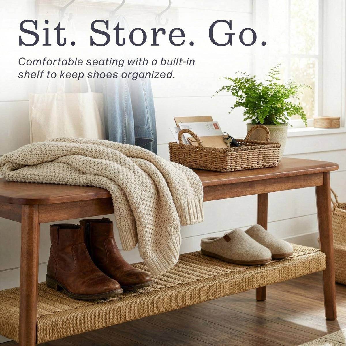 Solid Wood Entryway Bench with Woven Storage Shelf, Chestnut, 48” C35851