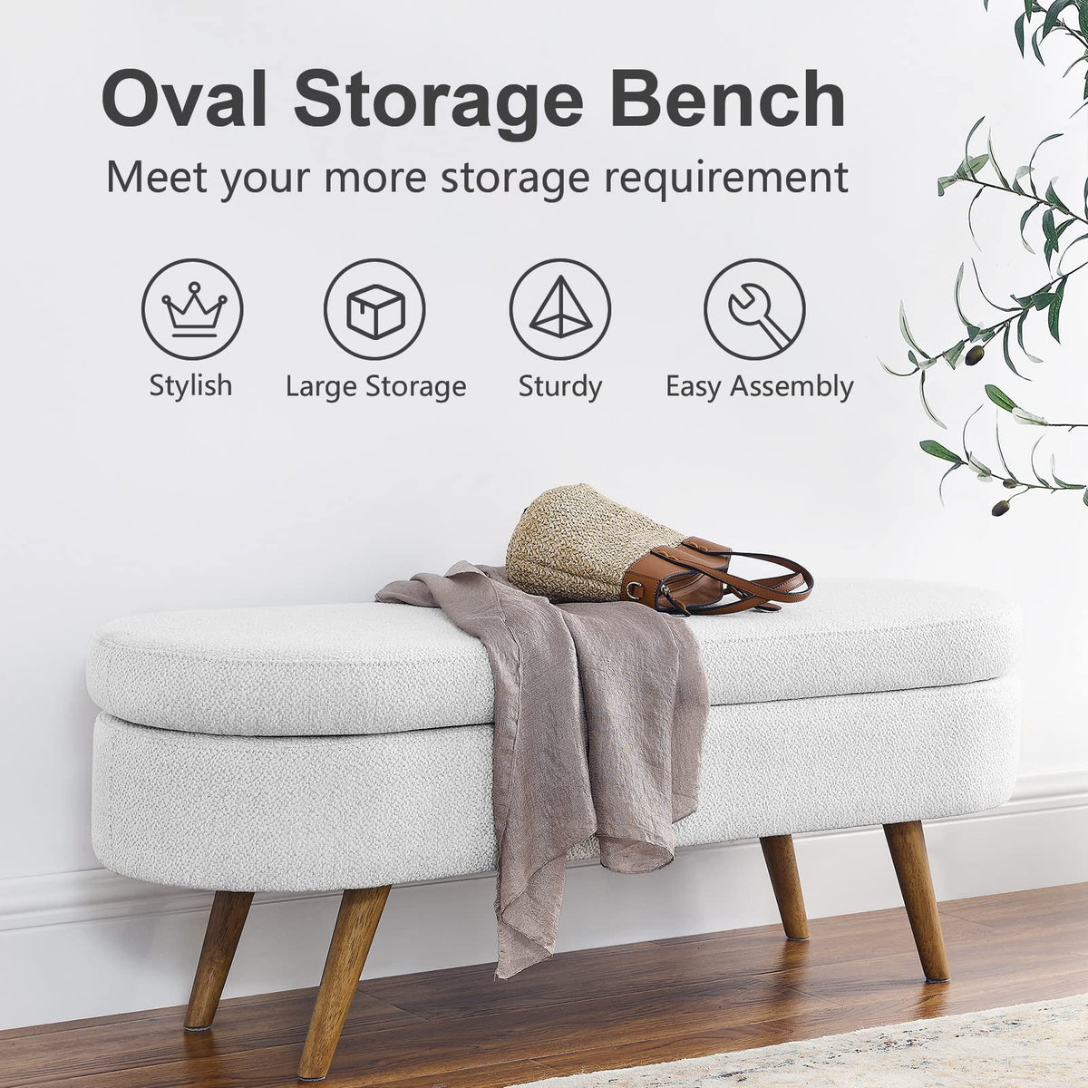 White Linen Fabric Upholstered Storage Bench with Solid Wood Legs N7251