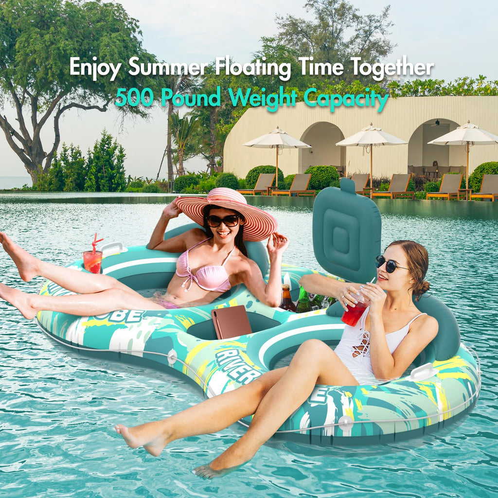 5-in-1 Pool Floats 2 Person River Tube with Backrests Built-in Cooler I917452
