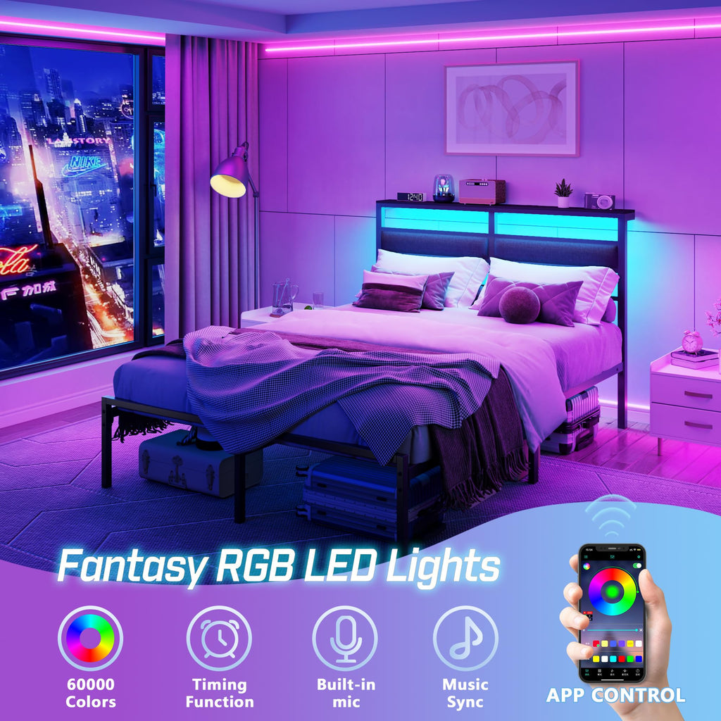 Full Size Black Platform Bed with LED Lights & Charging Z279