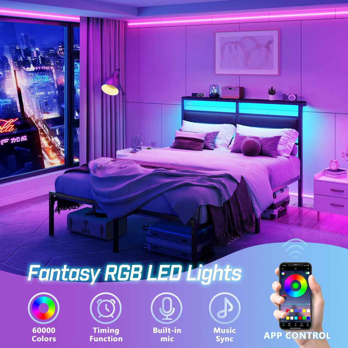 Full Size Black Platform Bed with LED Lights & Charging Z279