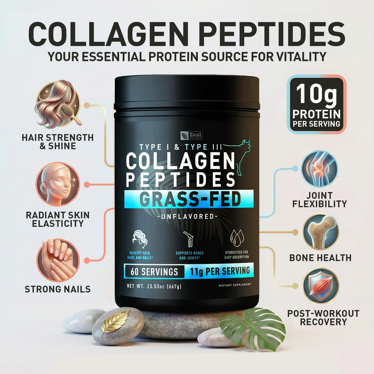 Hydrolyzed Collagen Peptides Powder, 10g Protein, Unflavored, 23.53 oz H274