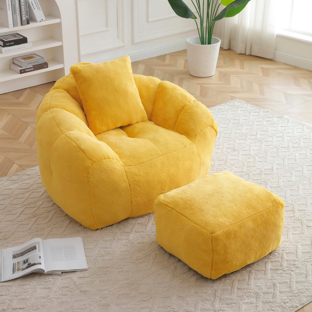 Yellow Faux Fur Memory Foam Bean Bag Chair with Footstool V524289