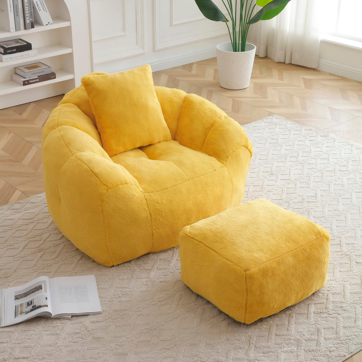 Yellow Faux Fur Memory Foam Bean Bag Chair with Footstool V524289