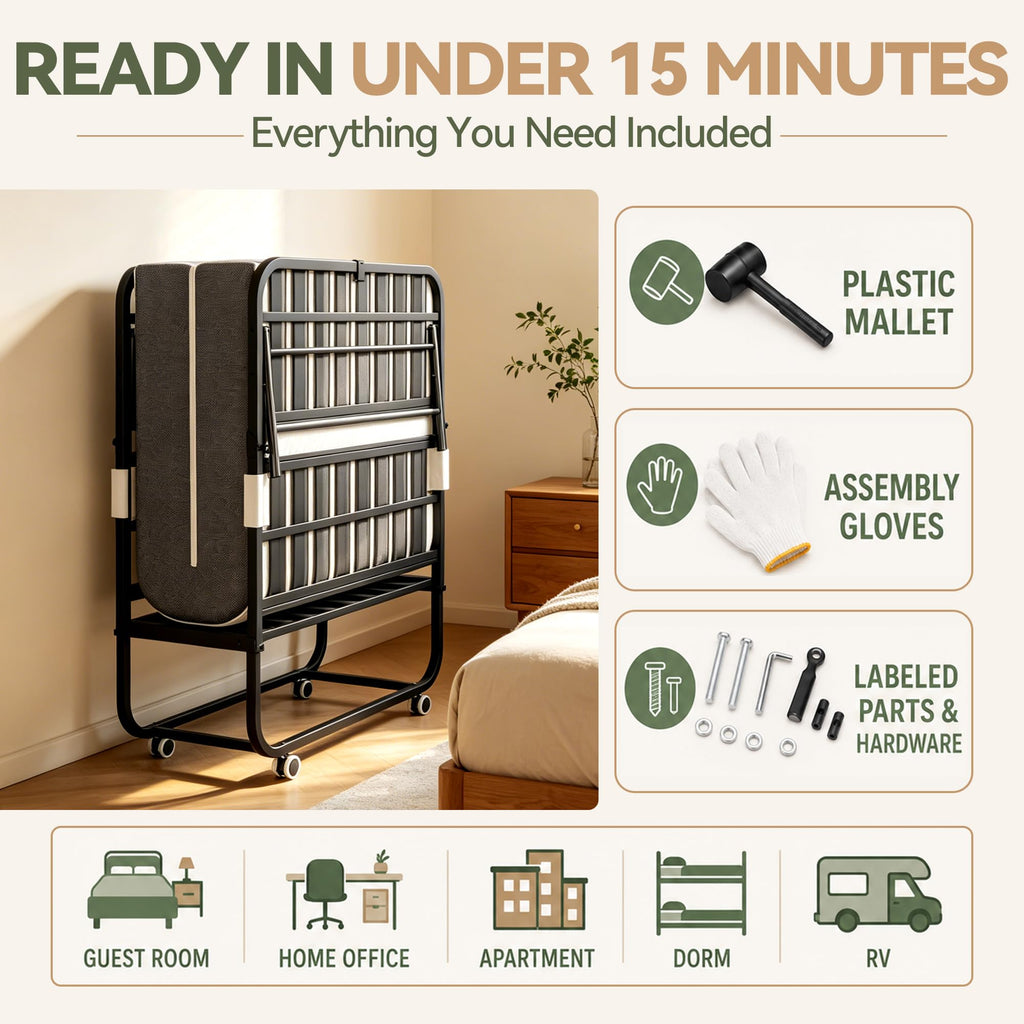 75" L x 38" W Folding Bed with Steel Frame and Memory Foam Mattress C407