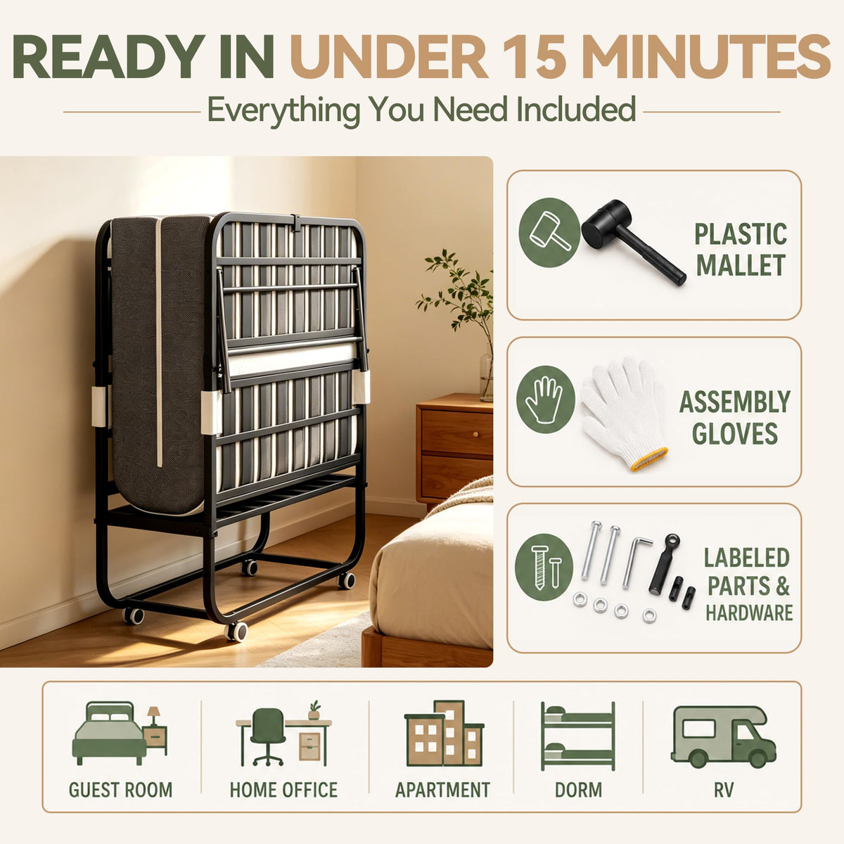 75" L x 38" W Folding Bed with Steel Frame and Memory Foam Mattress C407