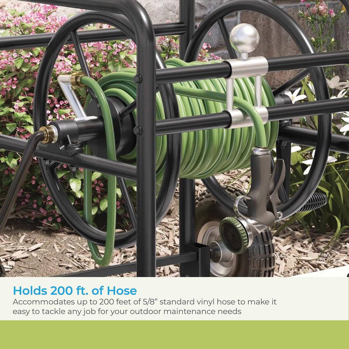 200' Steel Garden Hose Reel Cart with Flat-Free Rubber Tires F493190
