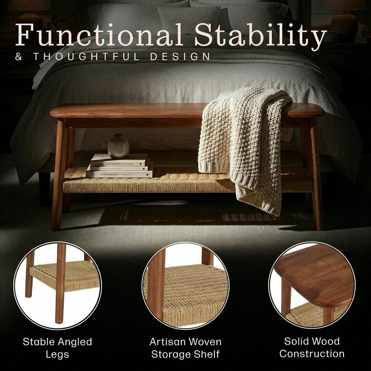 Solid Wood Entryway Bench with Woven Storage Shelf, Chestnut, 48” C35851