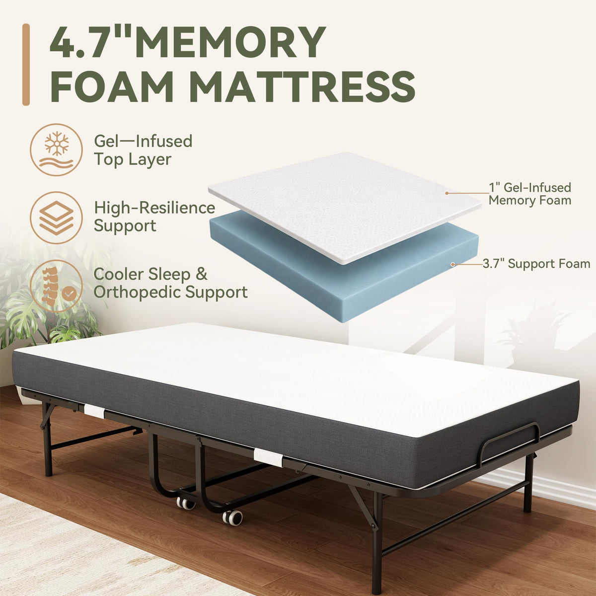 75" L x 38" W Folding Bed with Steel Frame and Memory Foam Mattress C407
