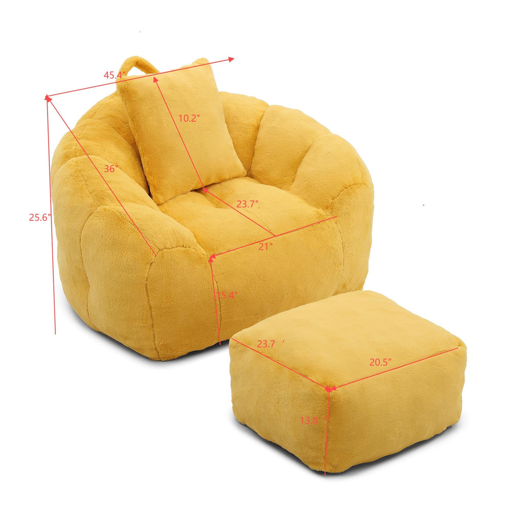 Yellow Faux Fur Memory Foam Bean Bag Chair with Footstool V524289