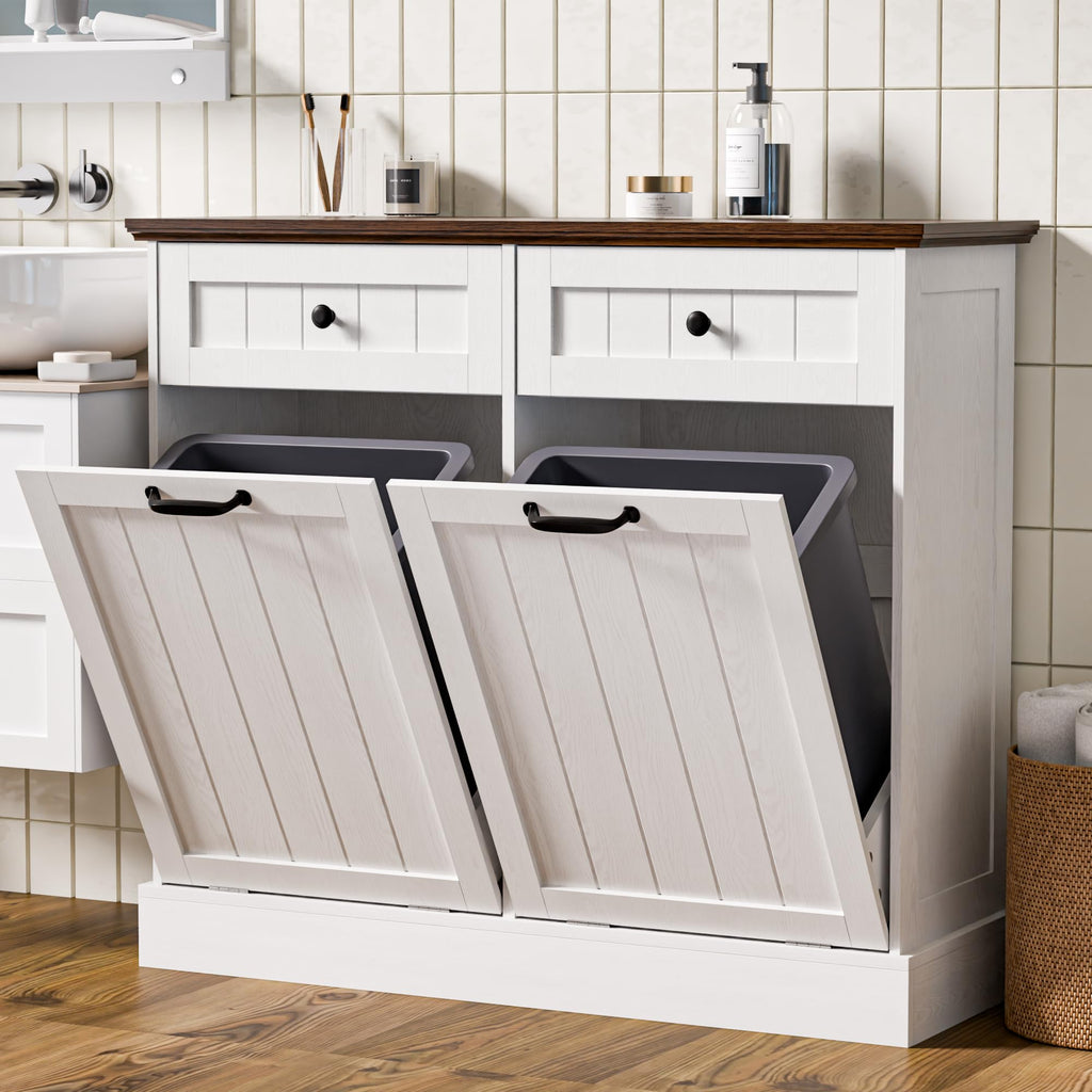 20 Gallons Tilt Out Trash Cabinet with Drawer, White I153214