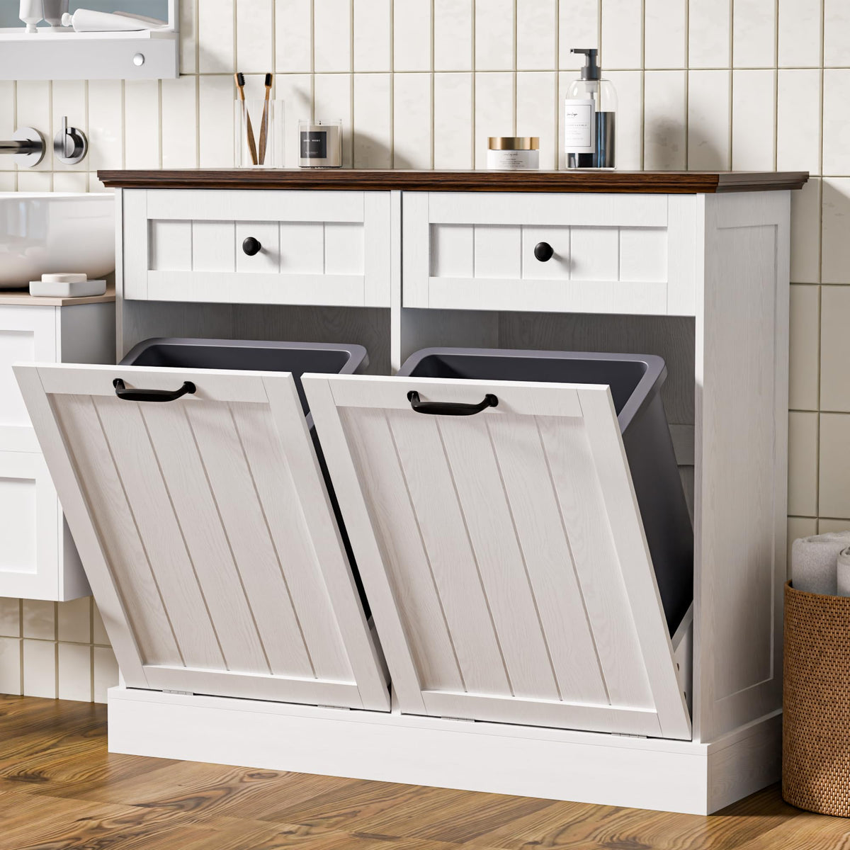 20 Gallons Tilt Out Trash Cabinet with Drawer, White I153214