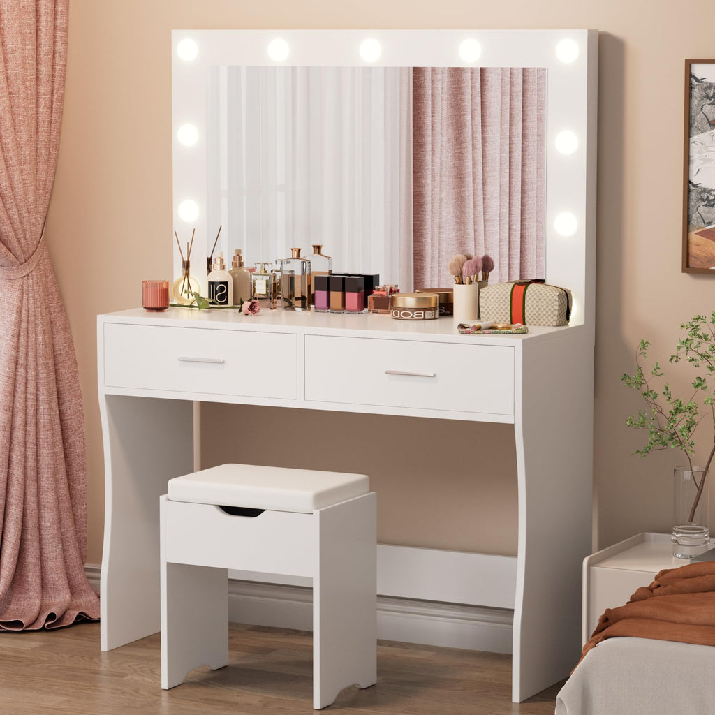White Vanity Desk Set with Lighted Mirror and 2 Drawers F537