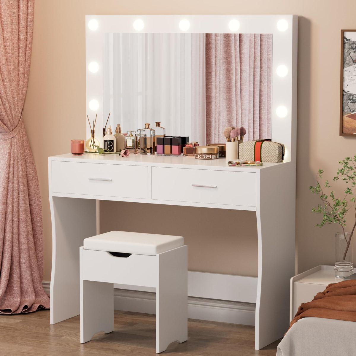 White Vanity Desk Set with Lighted Mirror and 2 Drawers F537
