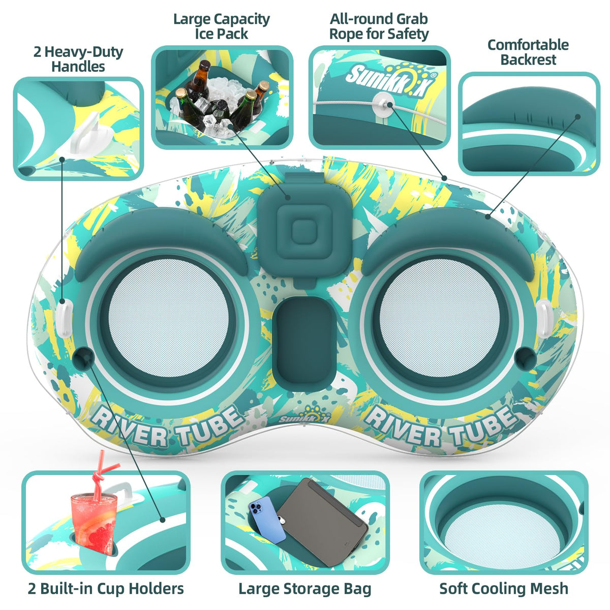 5-in-1 Pool Floats 2 Person River Tube with Backrests Built-in Cooler I917452