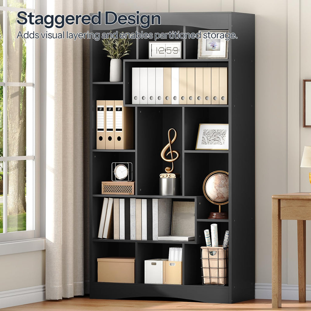 6-Tier Black Bookshelf with Open Shelves O13740