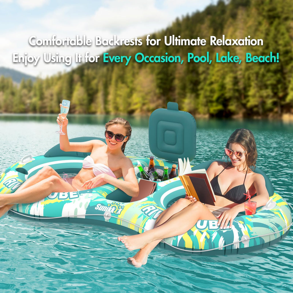 5-in-1 Pool Floats 2 Person River Tube with Backrests Built-in Cooler I917452