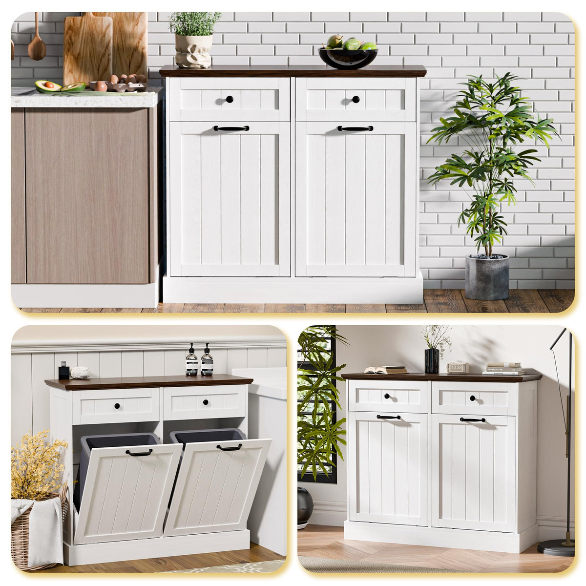 20 Gallons Tilt Out Trash Cabinet with Drawer, White I153214