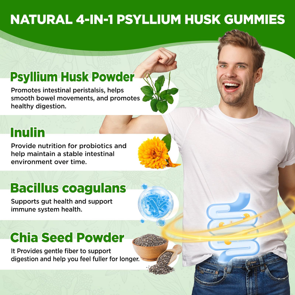 1500mg Psyllium Husk Fiber Gummies with Probiotics, Inulin, Chia Seed, Sugar Free, 60 Chewable Q83559