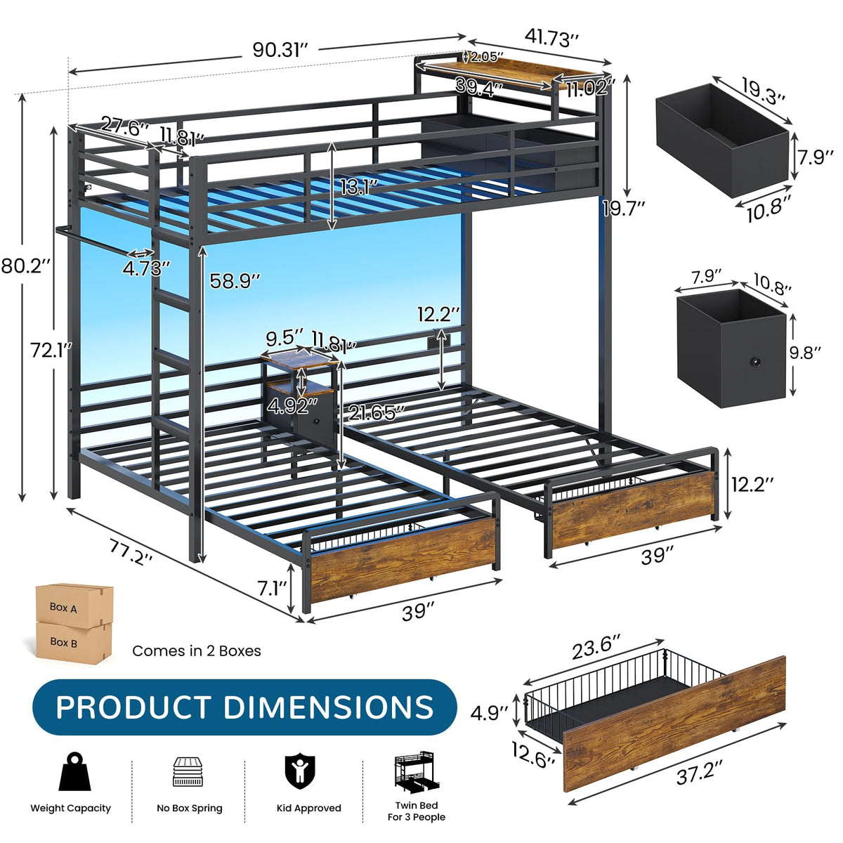 Black Twin Over Twin Triple Bunk Bed with Storage Drawers K1584