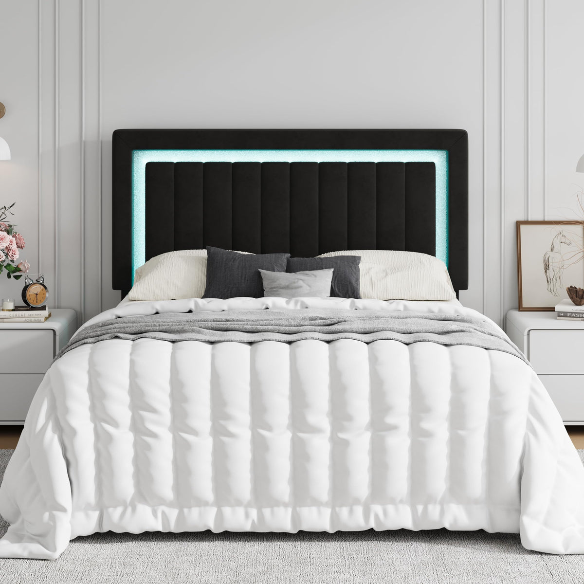 Queen Size Black Velvet Bed Frame with LED Light Y2726