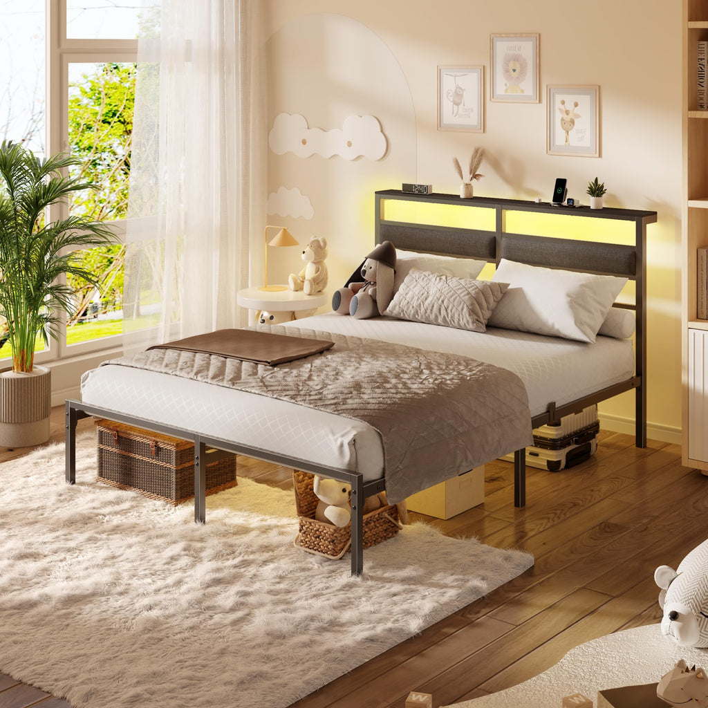 Full Size Black Platform Bed with LED Lights & Charging Z279