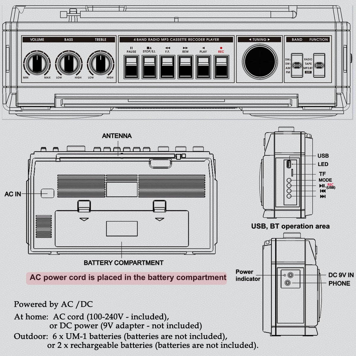 Portable Boombox with Cassette Player Recorder V532871